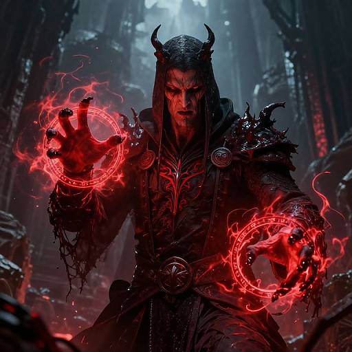 Digital artwork of a dark, horned demon warrior with glowing red magical circles in both hands, set in a dim, eerie forest.