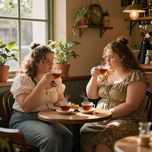 Photograph of two plus-sized women with curly hair, sitting in a sunlit, potted plant-filled café, sipping tea, wearing floral dresses