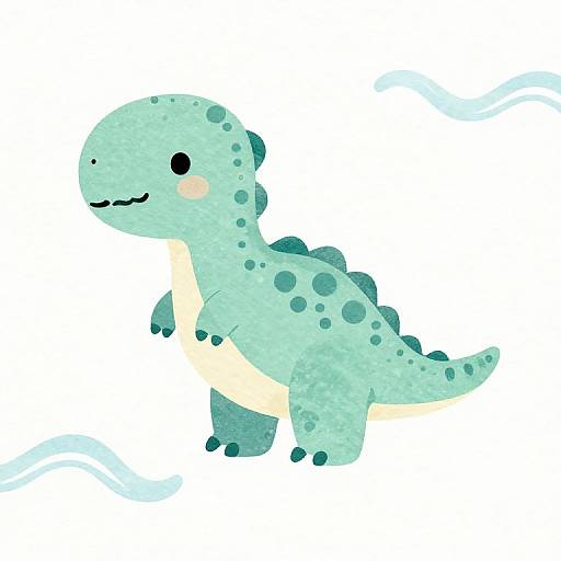 Cute, pastel-green, cartoon dinosaur with black eyes, blushing cheeks, and teal spots, standing against a white background with blue wavy
