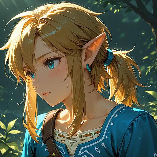 Anime Style Portrait of Blonde Elf Boy in Blue Outfit