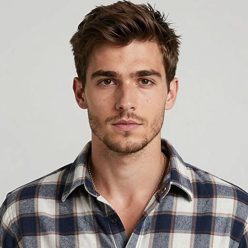 Photograph of a young Caucasian man with short, dark brown hair, light stubble, and brown eyes, wearing a blue and white plaid shirt