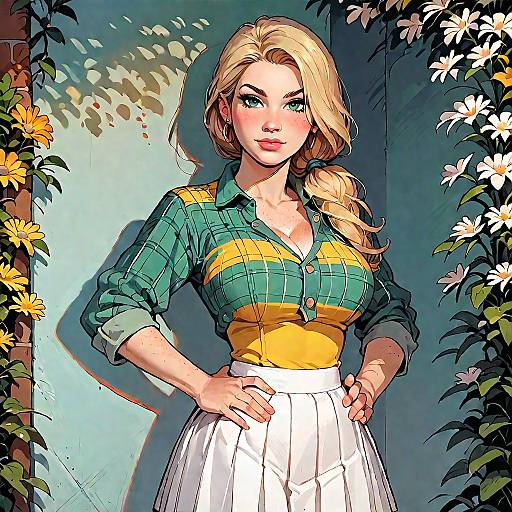 Blonde Woman in Plaid Shirt and Pleated Skirt