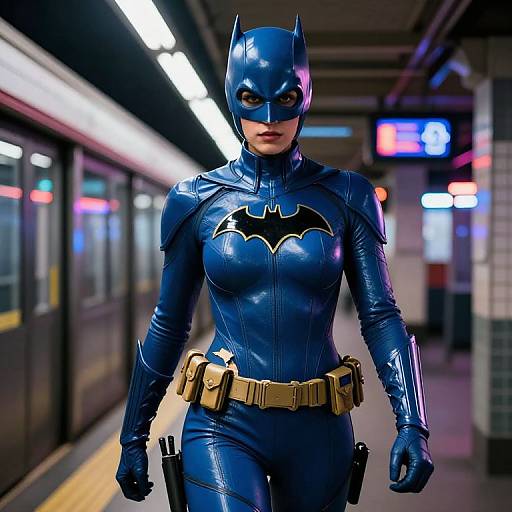 Photograph of a woman in a blue, glossy Batgirl costume with black bat emblem, yellow utility belt, and mask, standing in a brightly lit