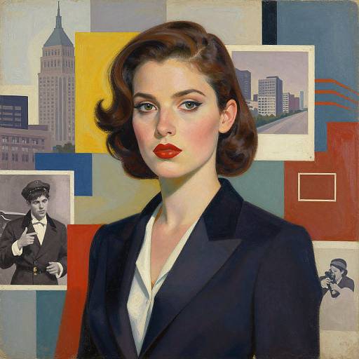 Digital painting of 1950s-style woman with red lipstick, dark brown wavy hair, black blazer, white blouse, surrounded by cityscape