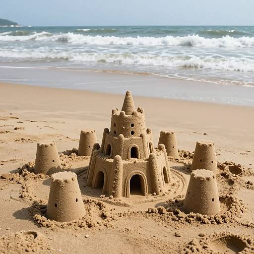 Photograph of a detailed sandcastle with turrets and arches on a sunny beach, waves crashing in the background.