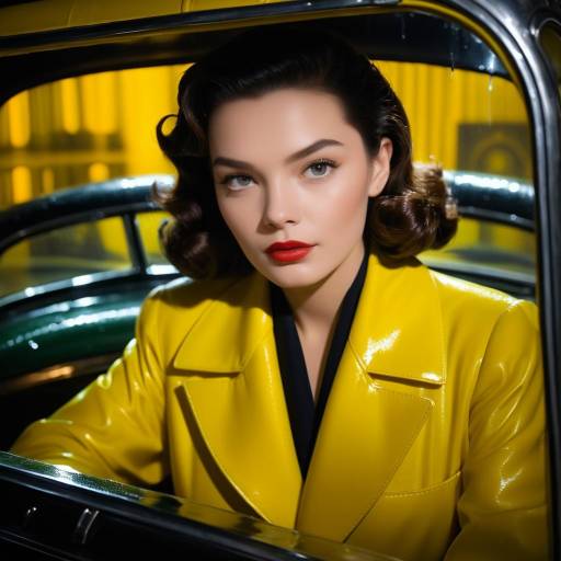 Retro Woman in Yellow Raincoat Inside Vintage Taxi