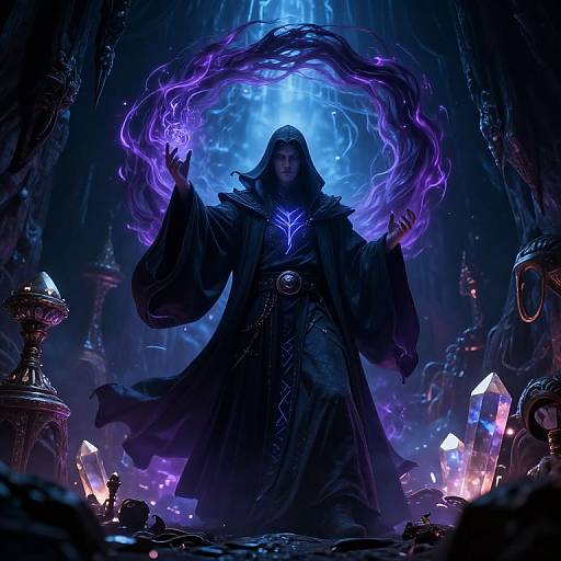 Digital fantasy artwork of a mysterious, hooded sorcerer with glowing blue runes, conjuring swirling purple energy in a dark, crystal-filled cavern.