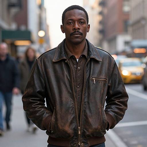 Photograph of a serious Black man with a mustache, wearing a dark brown leather jacket over a button-up shirt, standing on a busy city street