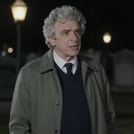 Older Man Mid-Speech in Nighttime Cemetery
