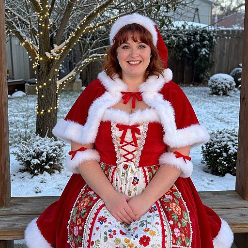Photograph of smiling woman in red Santa-style dress with white fur trim, sitting on wooden bench in snowy backyard decorated with Christmas lights.