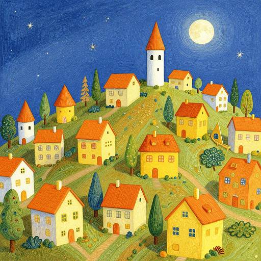 Colorful, whimsical illustration of a hillside village with yellow houses, red roofs, a white church with a red steeple, and a