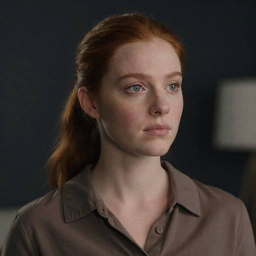 Pale Woman with Red Hair in Brown Shirt