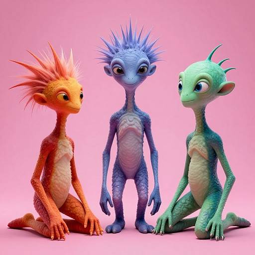 Photograph of three CGI dragon-like creatures with spiky hair, sitting against a pink gradient background. The left is orange, center is blue, and