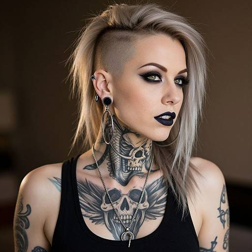 Photograph of a pale-skinned, heavily tattooed woman with shaved side, platinum blonde hair, black lipstick, and black tank top, wearing large