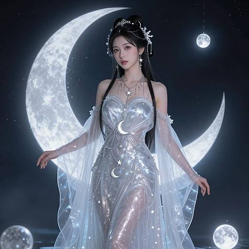 Digital art of an ethereal Asian woman with long black hair, wearing a glowing, star-patterned, translucent dress, adorned with jewelry, against a
