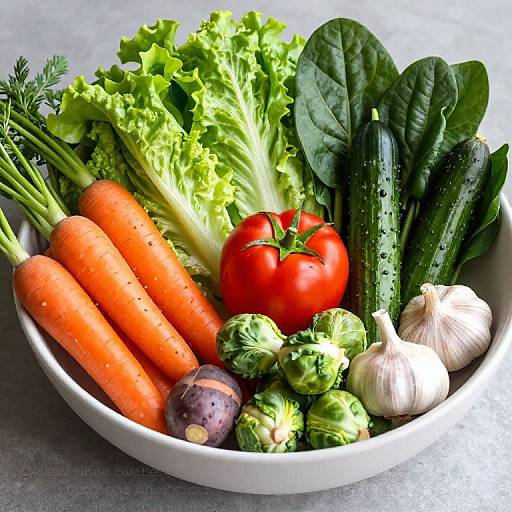 Photograph of a white bowl filled with vibrant vegetables: carrots, leafy lettuce, tomatoes, cucumbers, Brussels sprouts, garlic, and