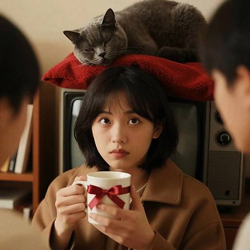 Focused Woman with Cat and Cozy Setting