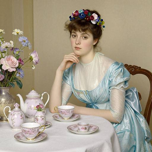 Victorian-style woman with floral crown, pale blue satin dress, sitting at tea table with floral teapot, cups, and vase of flowers.
