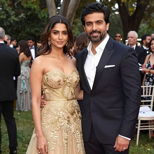 Photograph of a handsome bearded man in a black tuxedo with a white shirt, standing beside a beautiful woman in an elegant, gold,