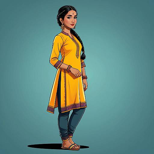 South Asian Woman in Traditional Cartoon Style