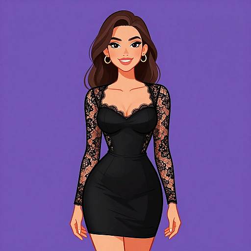 Digital illustration of a smiling woman with long brown hair, wearing a black lace bodysuit, hoop earrings, and standing against a purple background.