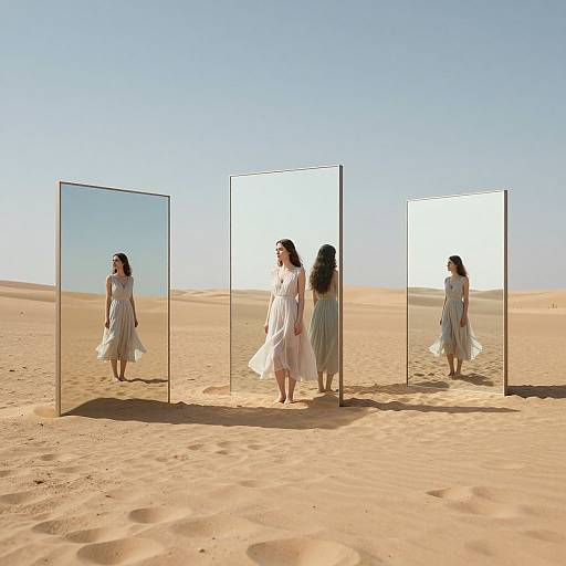 Photograph of a woman in a flowing white dress walking through a desert, reflected in three vertical mirrors, under clear blue sky.