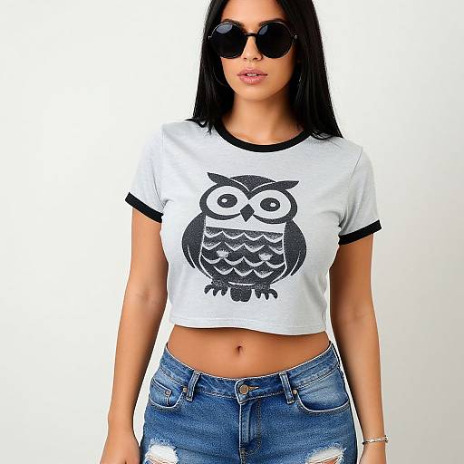 Photograph of a woman with black hair, wearing black sunglasses, white owl crop top, and blue distressed jeans, against a white background.