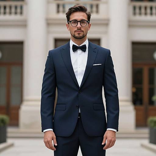 Photograph of a handsome man with short brown hair, beard, and black-rimmed glasses, wearing a black tuxedo with a bow tie