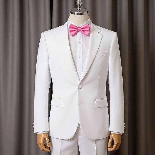 Photograph of a mannequin wearing a white suit with a pink bow tie, standing against a gray curtain background.