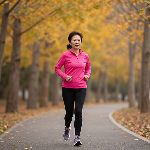 Photograph of an Asian woman jogging on a winding autumn path, wearing a pink jacket, black pants, and white sneakers.