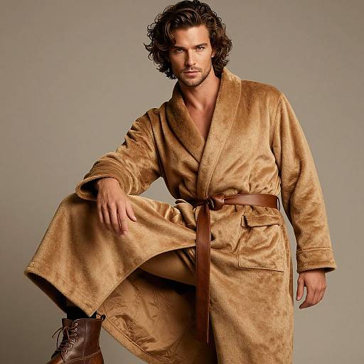 Photograph of handsome, dark-haired man with slight beard, wearing tan, fuzzy robe with brown belt, brown boots, and confident pose.