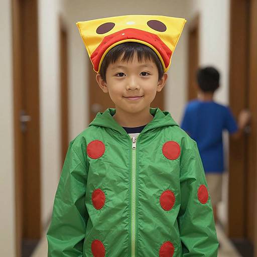 Boy in Pizza Costume in Hallway