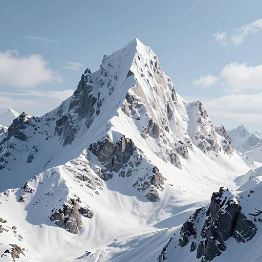 Photograph of a towering, snow-covered mountain peak under a clear blue sky with scattered clouds, showcasing rugged, rocky textures and bright sunlight reflecting off the
