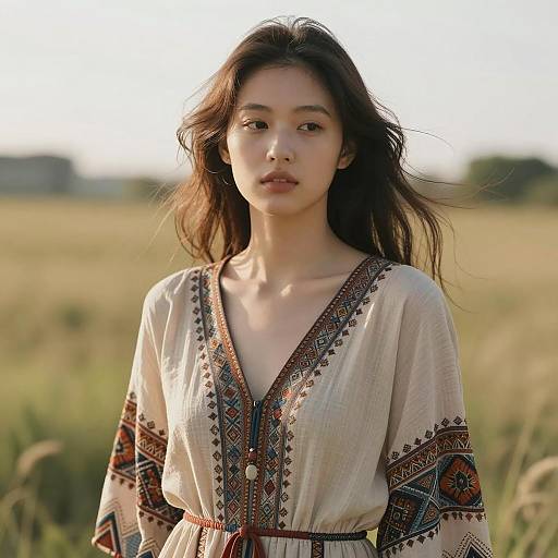 Serene Bohemian Woman in Sunlit Field