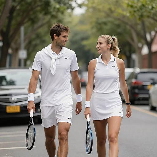 Tennis Players Walking on Tree-Lined Street