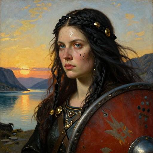 Digital painting of a young, fair-skinned woman with braided dark hair, wearing a headband, freckles, and a metallic necklace,