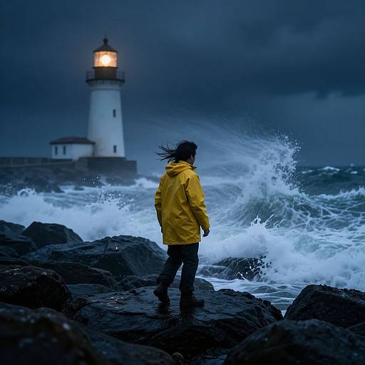 Photograph of a person in a yellow raincoat facing stormy ocean waves, with a lit lighthouse in the dark, cloudy sky.