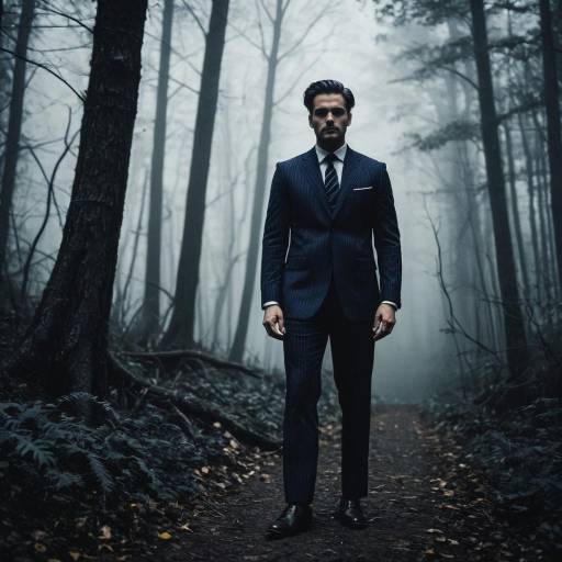 Man in Navy Pinstripe Suit in Foggy Forest