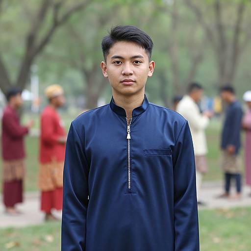 Photograph of a young Asian man with short black hair, wearing a black traditional long-sleeve shirt, standing in a blurred, green park with