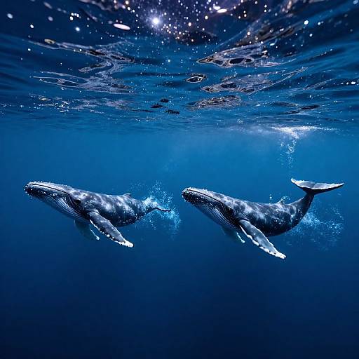 Photograph of two large, blue-and-white humpback whales swimming underwater in a vibrant, deep blue ocean with sunlight filtering through the water's surface