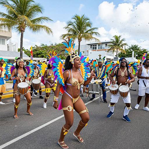 Photograph of Black women in gold bikinis and colorful feather headdresses, marching in a vibrant street parade with drums, palm trees, and bright blue