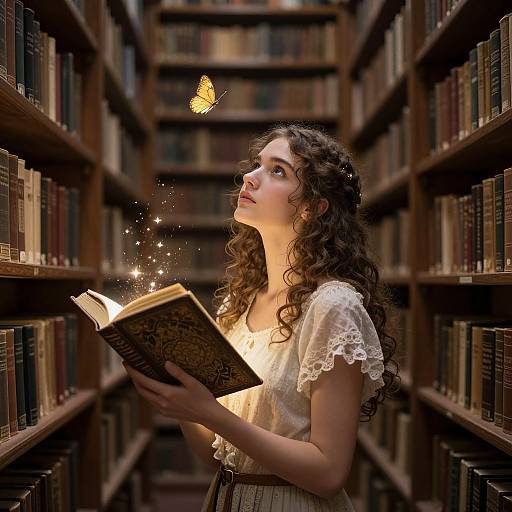 Photograph of a curly-haired young woman in a white lace dress, reading a glowing book with sparkles, surrounded by bookshelves, with a