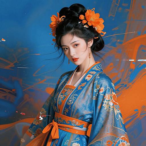 Digital portrait of an Asian woman in a blue floral kimono with orange accents, adorned with orange flowers in her black hair, set against a vibrant blue