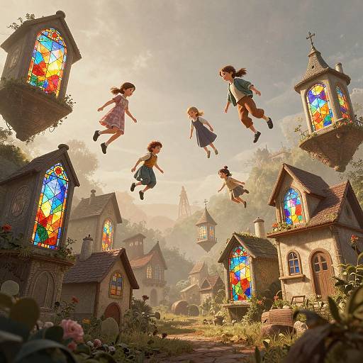 Photograph-style digital illustration: Five children joyfully jump in a sunlit, whimsical village with colorful stained-glass windows, charming cottages,