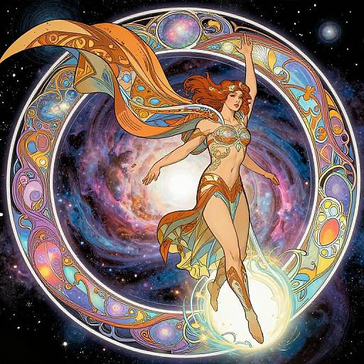 Vibrant digital art of a red-haired, ethereal dancer in ornate, glowing attire, floating amidst a swirling, colorful cosmic background.