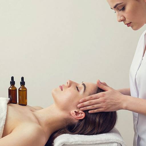 Photograph of a massage therapist gently massaging the head of a relaxed, topless woman on a white towel, with two amber bottles in the background