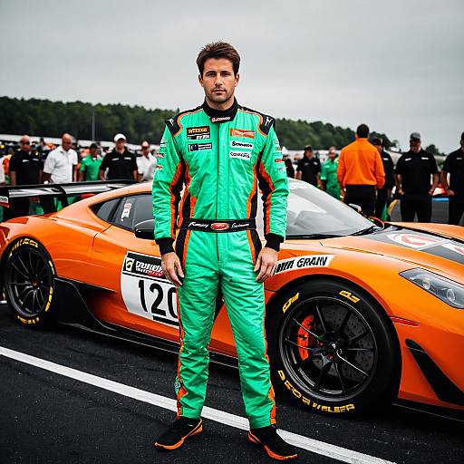 Race Car Driver in Green Suit with Orange Sports Car