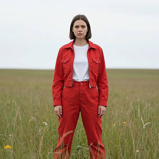 Photograph of a serious-looking woman with shoulder-length dark hair, wearing a red jacket and red pants, standing in a grassy field.