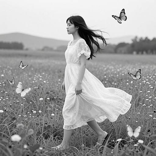 Black-and-white photograph of a young woman in a flowing white dress, standing in a field of daisies, surrounded by butterflies. Her long hair