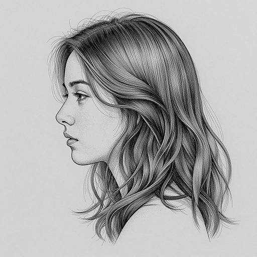 Black and white pen drawing of a young woman in profile, showing wavy hair, delicate features, and a calm expression.